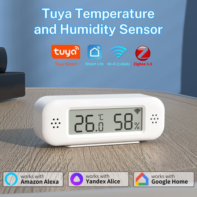 Tuya Zigbee/WiFi Temperatur- und Feuchtigkeitssensor in Weiß für dein Smart Home mit Thermometer und Hygrometer, kompatibel mit Google Assistant und Alexa - Bild 1