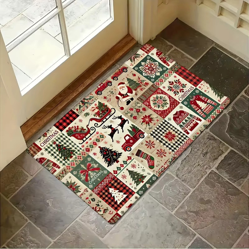 VIKAMA Vintage Weihnachts-Tartan-Teppich als weiche dekorative Fußmatte für den Eingangsbereich - Bild 4