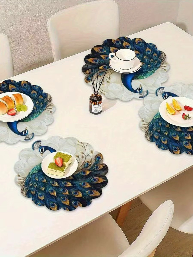 VIKAMA 4er-Set Platzsets aus Leinen mit Pfauenfeder-Design in Blau Grün Gold, rund, Durchmesser: 38 cm - Bild 5