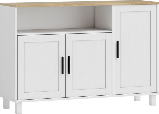 HOMCOM Küchenkommode Weiß mit Soft-Close-Türen und Kiefernholzbeinen, moderner Buffetschrank mit verstellbarem Regal und offenem Fach, B/T/H: 110 x 33 x 75 cm - Bild 1