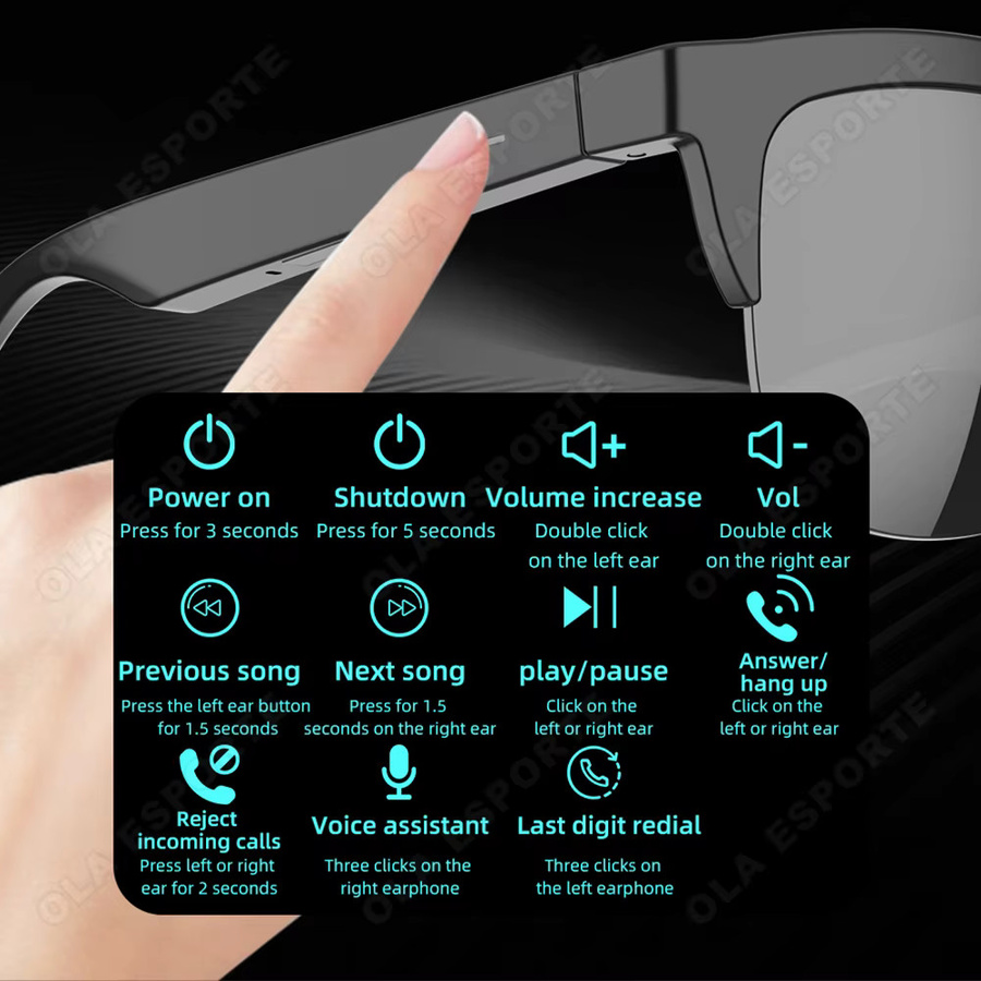 Ola Esporte Smart-Brille V5.3 in Schwarz mit Bluetooth-Anruffunktion und Musikplayer als UV-Schutz Sonnenbrille für Sport und Outdoor - Bild 4