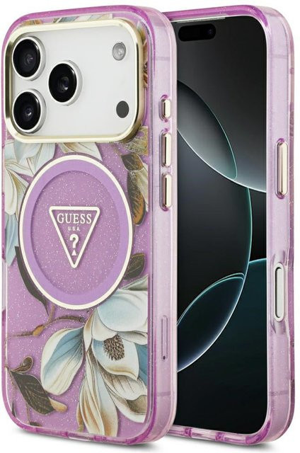 Guess MagSafe-Hülle für Apple iPhone 18 Pro und iPhone 17 Pro, IML Metal Glitter Flowers Triangle, Lila - Bild 1
