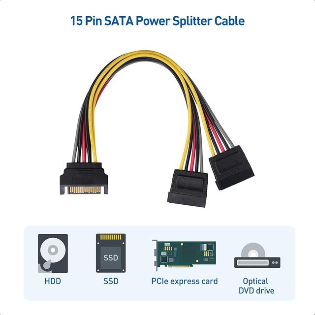 Congdi SATA Y-Splitter-Kabel: 15-poliger Stecker auf zwei 15-polige Buchsen, Hochgeschwindigkeits-Stromadapter für HDD und SSD, Schwarz - Bild 1
