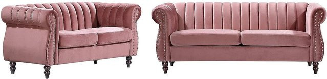 Vente-unique Couchgarnitur Trumbo Chesterfield in Puderrosa mit Samtbezug, B/T: 150 x 195 cm - Bild 1