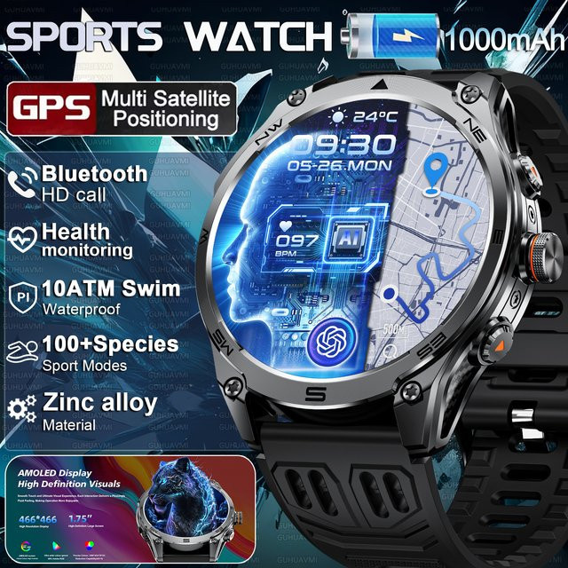GUHUAVMI Smartwatch, GPS, 10 ATM, Schwarz, Orange, Herren - Bild 1