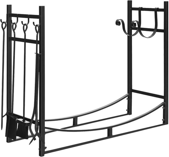 Costway Kaminholzregal aus Metall mit 4-teiligem Kaminbesteck Set in Schwarz, B/T/H: 90 x 33 x 76 cm - Bild 2