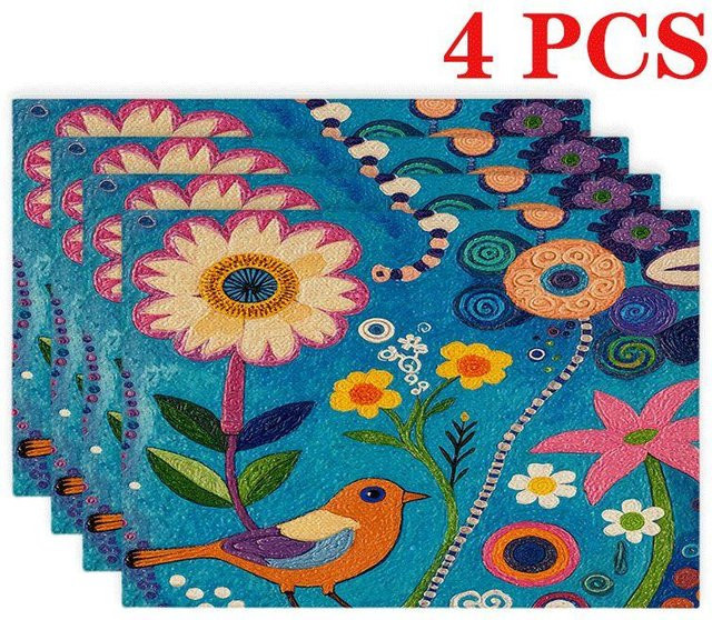 JF TableLinen Rechteckige Tischsets aus Leinen mit floralem Vogel-Druck, 4er-Set, Mehrfarbig, Fleckabweisend - Bild 1