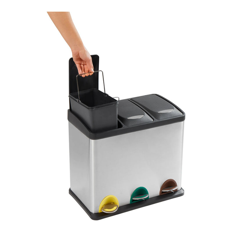 Genialo Mülltrennsystem Premium mit 3 Fächern à 8,5 l, Edelstahl, Schwarz/Silber, mit Pedal und herausnehmbaren Inneneimern - Bild 2