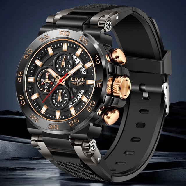 LIGE Armbanduhr Quarz, Silikon, Schwarz, Herren - Bild 1