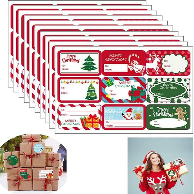 10 selbstklebende Weihnachtsgeschenkanhänger-Aufkleber mit Schneemann, Weihnachtsmann und Weihnachtsbaum in Multicolor - Bild 1