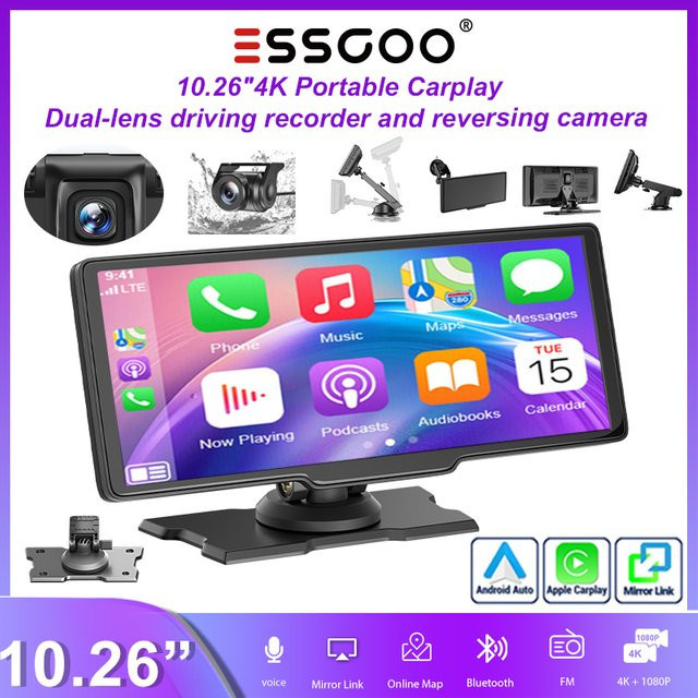 ESSGOO Tragbare Fahrzeugkamera mit 10.26 Zoll 4K UHD Display, CarPlay und Android Auto, Rückfahrkamera, Bluetooth, WiFi und GPS, Farbe: Schwarz - Bild 1