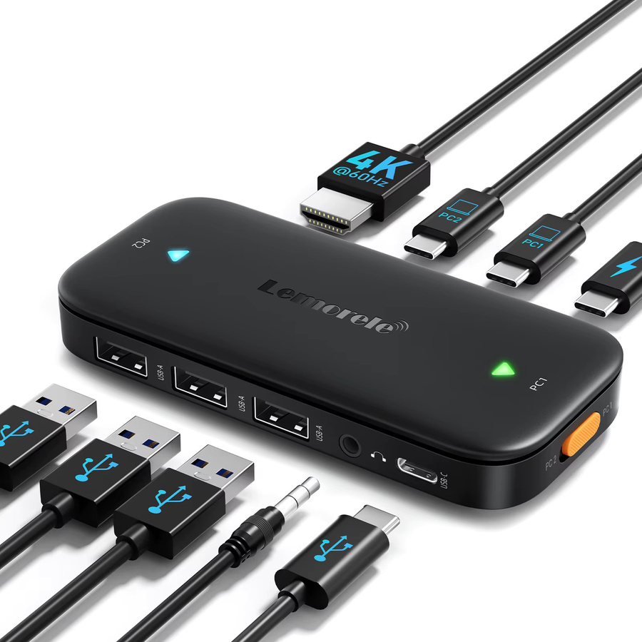 Lemorele H200 USB-C KVM-Switch mit Dual HDMI, USB-Hub, 4K@60Hz und 100W PD in Schwarz - Bild 6