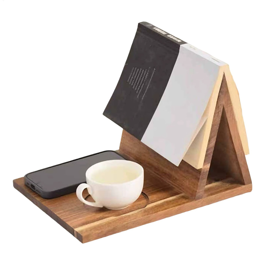 Hölzerner Buchständer mit Getränkehalter in Braun als dreieckige Leseunterlage und Bücherregal-Display - Bild 2
