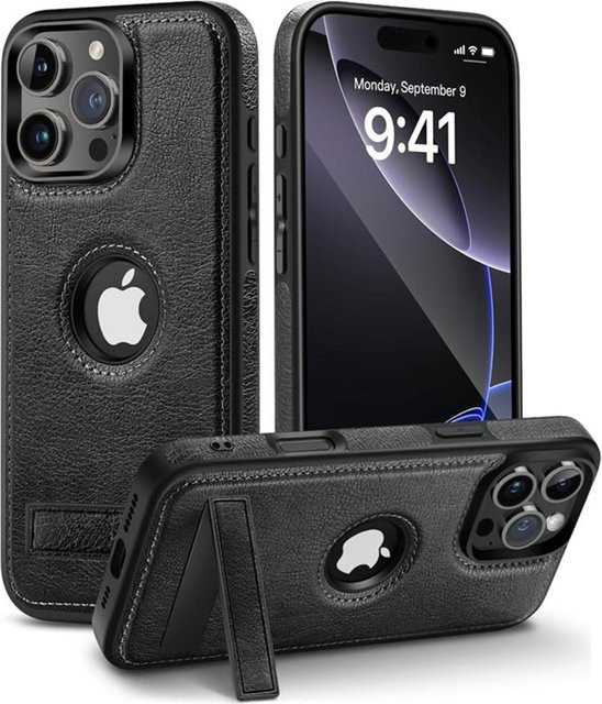 NMEGOU Ledertasche mit integriertem Ständer und Logo-Loch für iPhone 17 Air 16 15 14 13 Pro Max Plus, faltbare Handyhülle in Schwarz oder Beige - Bild 1
