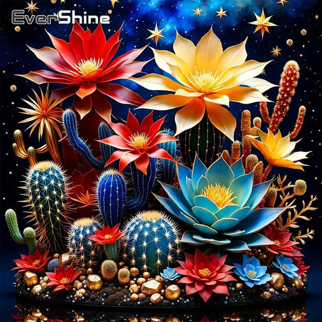 EverShine Diamant-Stickerei Blumenbild Lilie und Kaktus als Strass-Mosaik in Multicolour, Vollquadrat-Gemälde mit runden Steinen, B/B/H: 20 x 20 x 20 cm - Bild 1