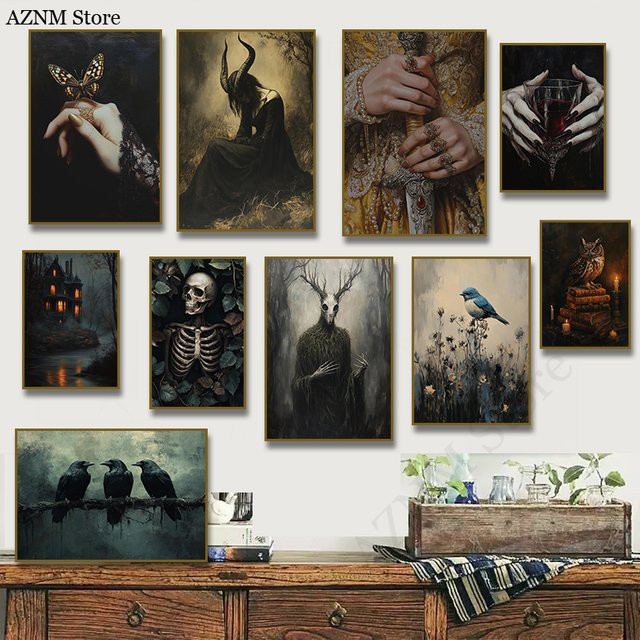 Potdemiel Vintage Leinwand Kunstdruck mit Motte, Krähen und Schädel im Gothic Cottagecore Stil - Bild 1