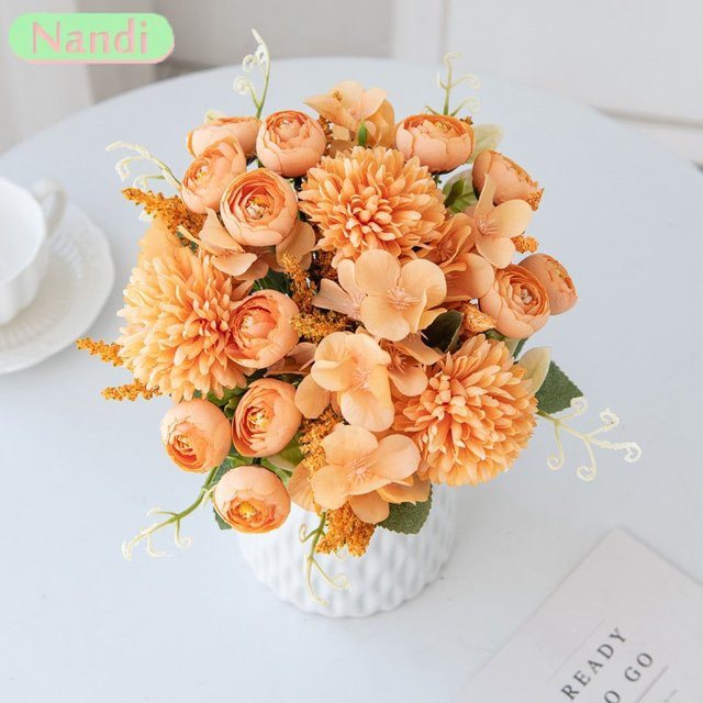 NANDI Künstliche Rose und Hortensie in Orange als florale Tischdekoration für Wohnzimmer, Garten oder Hochzeiten - Bild 1