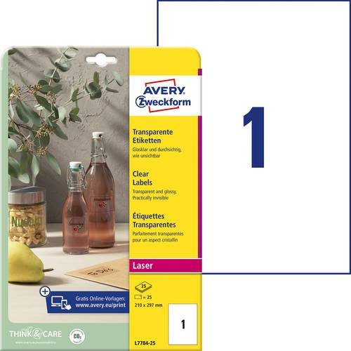 Avery Zweckform L7784-25 Folien-Etiketten Transparent, Polyester, A4, 25 Stück, Permanent haftend für Laserdrucker - Bild 1