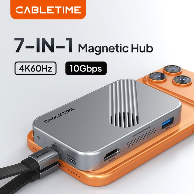 CABLETIME 7-in-1 USB-C-Hub mit NVMe-SSD und magnetischer Befestigung für iPhone 17, unterstützt 4K ProRes Videoaufzeichnung sowie SD/TF 3.0 - Bild 1