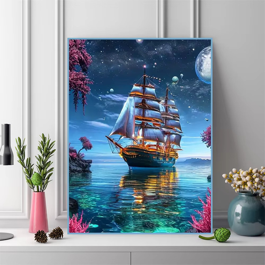 Momoart 5D DIY Diamant Mosaik Set Schiff Landschaft als Kreuzstich Kit in Mehrfarbig mit runden Steinen - Bild 3