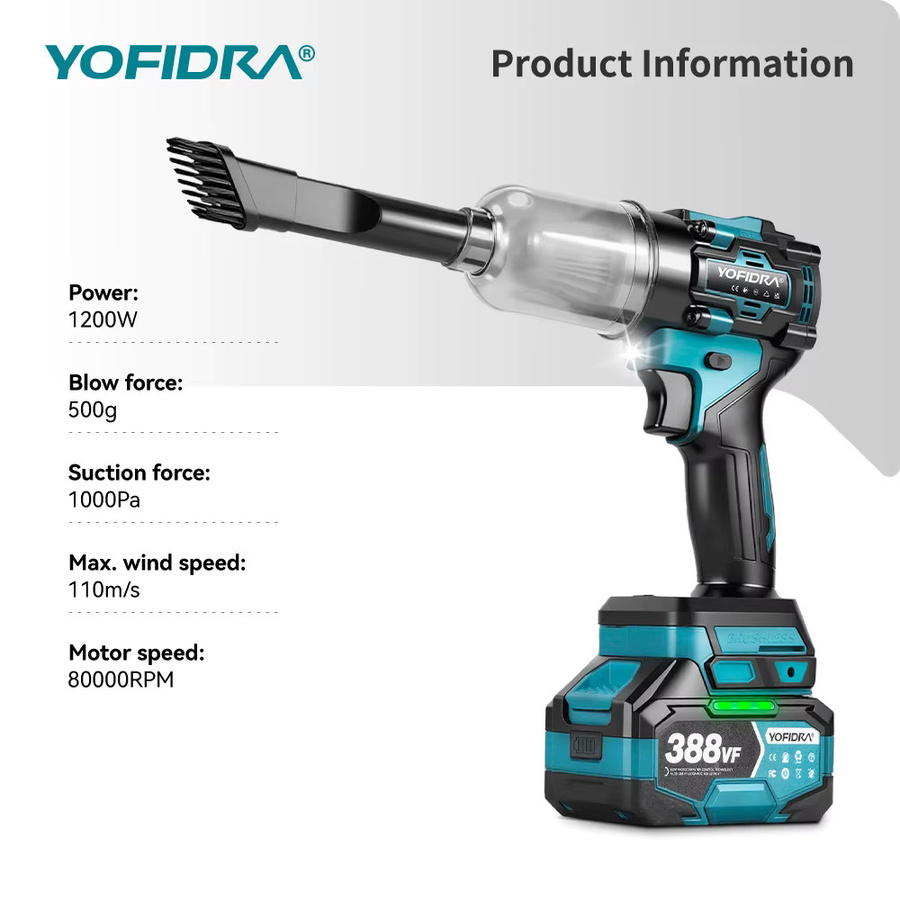 YOFIDRA 2-in-1 Elektro-Luftgebläse und Sauger mit 80000 U/min, bürstenloser Turbo-Lüfter für Makita LXT Akkus - Bild 2