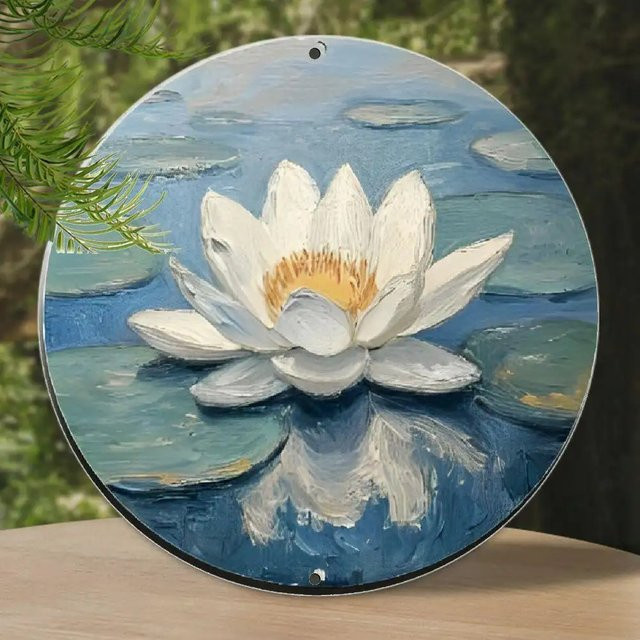 Potdemiel Vintage Wandkunst aus Metall mit floralem Lotusblumen-Design, rund, Grün und Blau - Bild 1