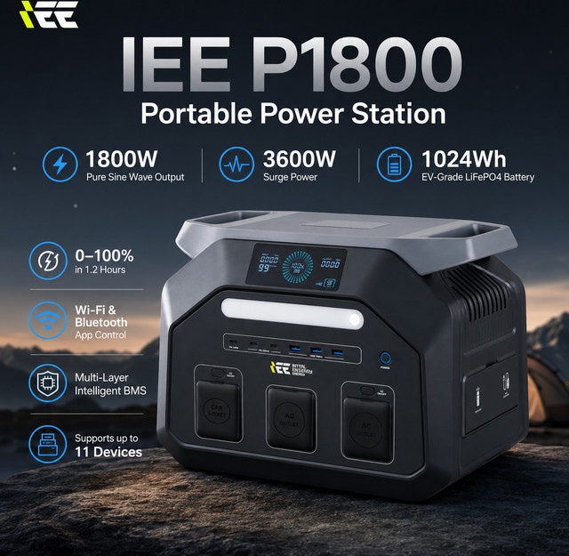 Tragbare Powerstation IEE P1800 in Schwarz mit 1024Wh Kapazität, 1800W Leistung und 3600W Spitzenleistung, LiFePO4-Akku, WLAN und Bluetooth App-Steuerung, Solargenerator für Camping und Notfälle - Bild 1