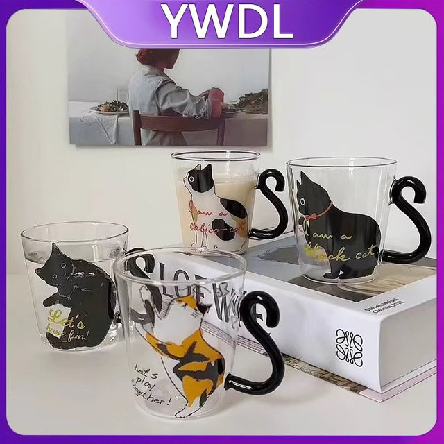 YWDL Schwarze Katze Glas-Kaffeetassen-Set, 250 ml, Transparent - Bild 1