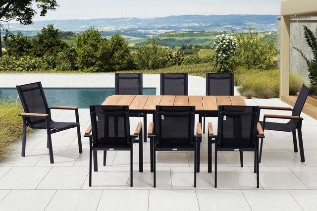 OUTFLEXX Garten-Essgruppe in Anthrazit Matt mit 8 Sesseln aus Aluminium, Teakholz und Textil - Bild 1