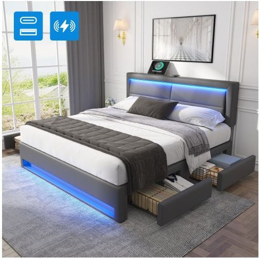 Gepolstertes Bett MUVOE in Grau mit LED-Beleuchtung, USB-Anschluss und 4 Aufbewahrungsschubladen, B/T: 140 x 190 cm - Bild 1