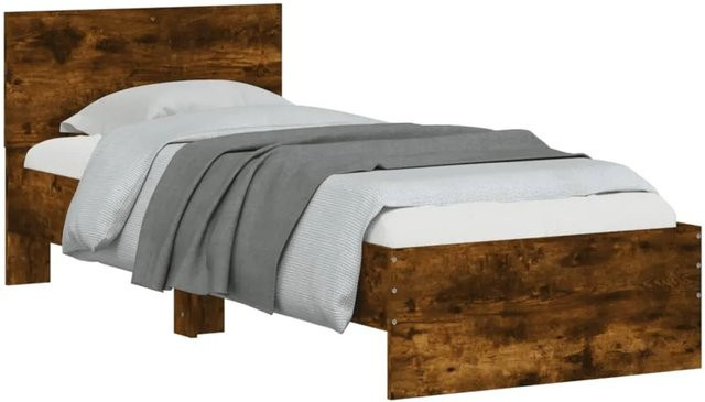vidaXL Bettgestell mit Kopfteil in Räuchereiche mit LED-Leuchten und USB-Ladeport, Farbe: Braun, B/H: 90 x 203 cm - Bild 1