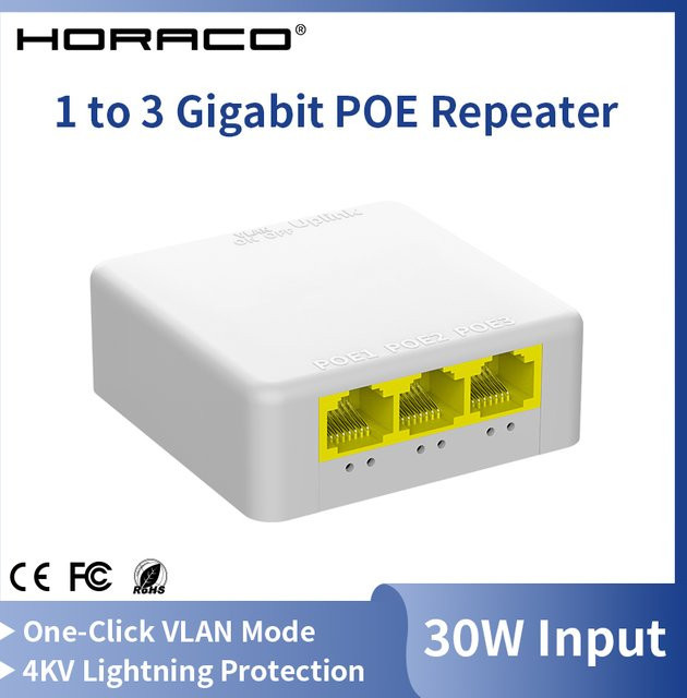 HORACO 4 Port Gigabit PoE Extender 1000M Netzwerk Switch Repeater IEEE802.3af/at in Weiß - Bild 1