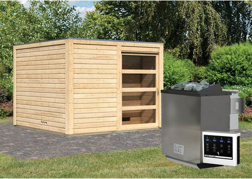Karibu Saunahaus Kandau in Beige mit 9 kW Bio-Kombi-Ofen und externer Steuerung, B/T/H: 276 x 276 x 210 cm - Bild 1