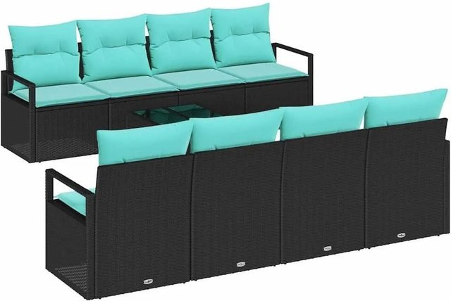 vidaXL 7-teiliges Lounge-Sofa Set aus Poly Rattan mit Kissen in Schwarz und Blau - Bild 1