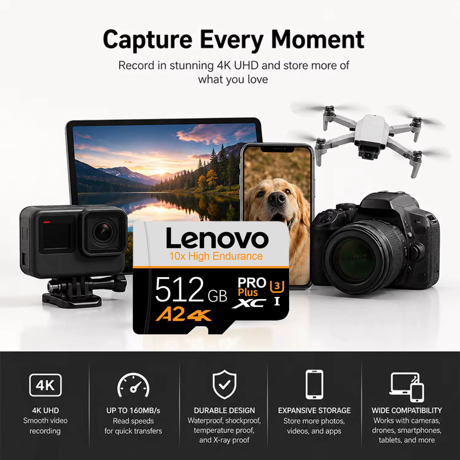 Lenovo Micro-SD-Karte Klasse 10 Hochgeschwindigkeits-Speicherkarte A2 in Schwarz mit 128 GB - Bild 2