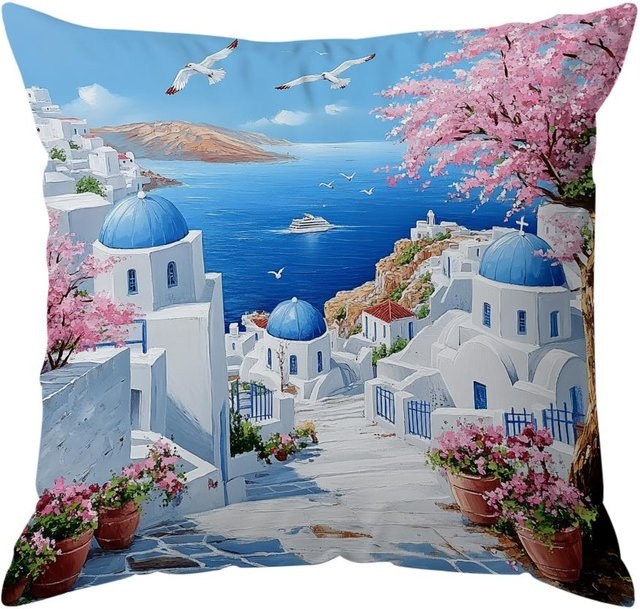 JMG Clothing Dekokissen Kissenbezug Santorini Landschaft Motiv Multicolour B/B: 45 x 45 cm - Bild 1