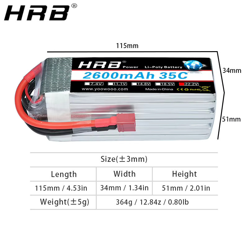 HRB 6S LiPo Akku 22,2V 2600mAh 35C mit XT60 Anschluss für RC FPV Flugzeuge, Drohnen, Racing-Boote und Autos - Bild 2