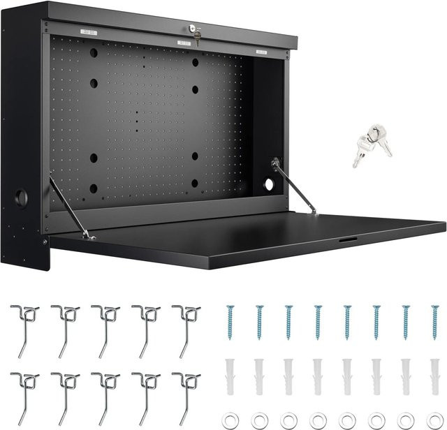 Wiltec Klappbare Werkbank zur Wandmontage mit Lochwand in Schwarz, Tragkraft 50 kg, B: 91,2 cm, H: 61 cm - Bild 1
