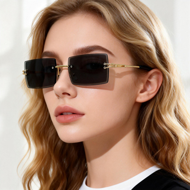 Randlose Rechteckige Damen-Sonnenbrille, Goldener Metallrahmen, Schwarz - Bild 1