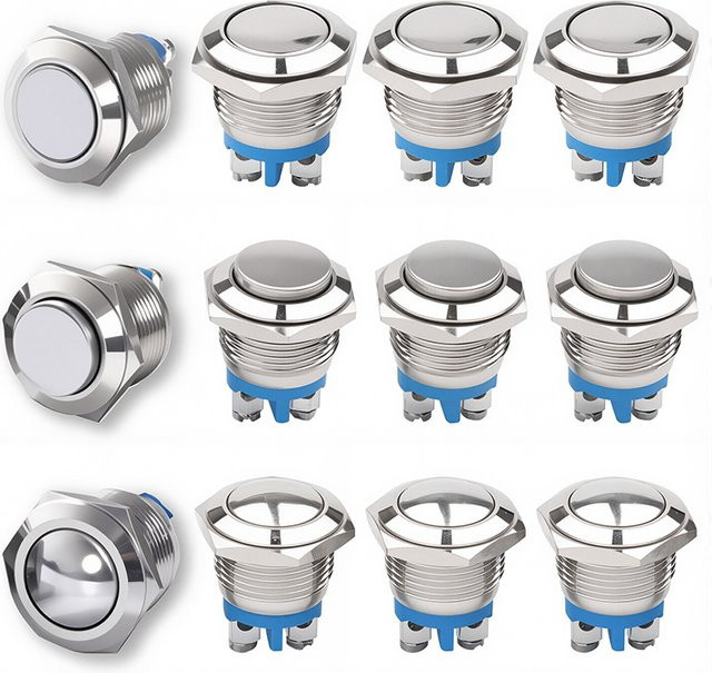 5er Set Metall Drucktaster 16mm mit 1NO Momentary Funktion, Wasserdicht, Silber - Bild 1