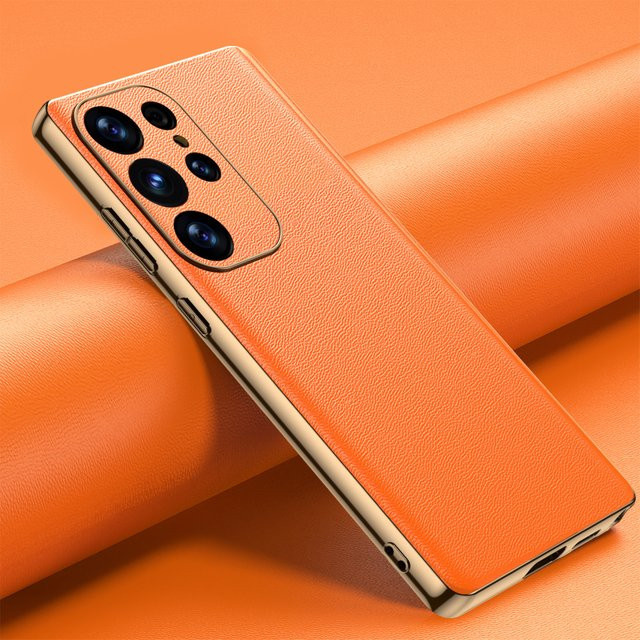 Luxuriöse Leder-Handyhülle für Samsung Galaxy S25 S24 S23 S22 Ultra Plus in Orange mit plattierten Kanten und Kameraschutz - Bild 1