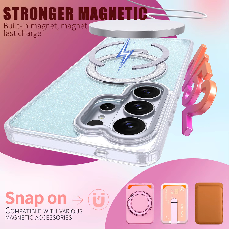 Glitzernde magnetische MagSafe Handyhülle mit 360 Grad drehbarem Ringhalter für Samsung Galaxy S26 Plus S25 S24 FE S23 S22 Ultra in Orange Transparent - Bild 2