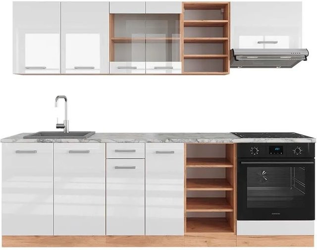 Vicco R-Line Küchenzeile Weiß Hochglanz und Goldkraft Eiche mit Marmor-Optik, Breite: 240 cm - Bild 1
