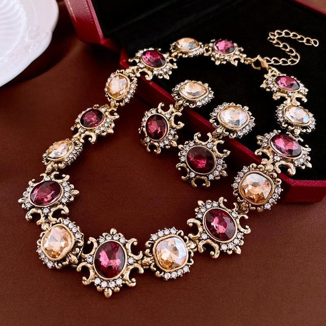 FYUAN Schmuck-Set, Halskette und Ohrringe, Messing, braun, Zirkonia, Kristall, Damen - Bild 1