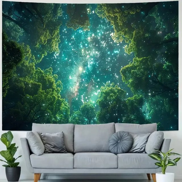 VIKAMA Wandteppich Magischer Wald mit Sternenhimmel in Grün und Multicolour, Rechteckiger Wandbehang für dein Wohnzimmer oder Schlafzimmer - Bild 1
