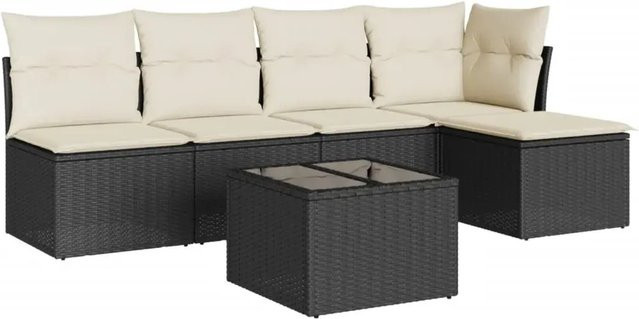 vidaXL 6-teilige Garten-Sofagarnitur in L-Form aus Poly-Rattan und pulverbeschichtetem Stahl in Schwarz mit Kissen - Bild 1