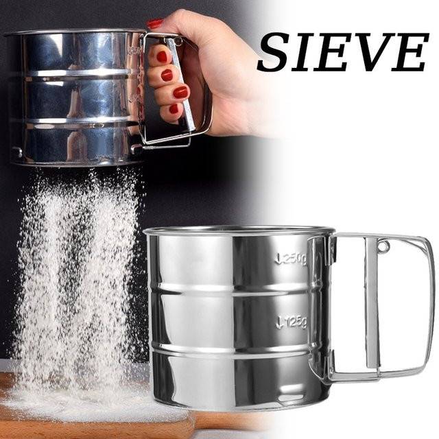 VIE LENTE Mehlsieb aus Edelstahl mit Handpresse und feinmaschigem Sieb in Silber - Bild 1