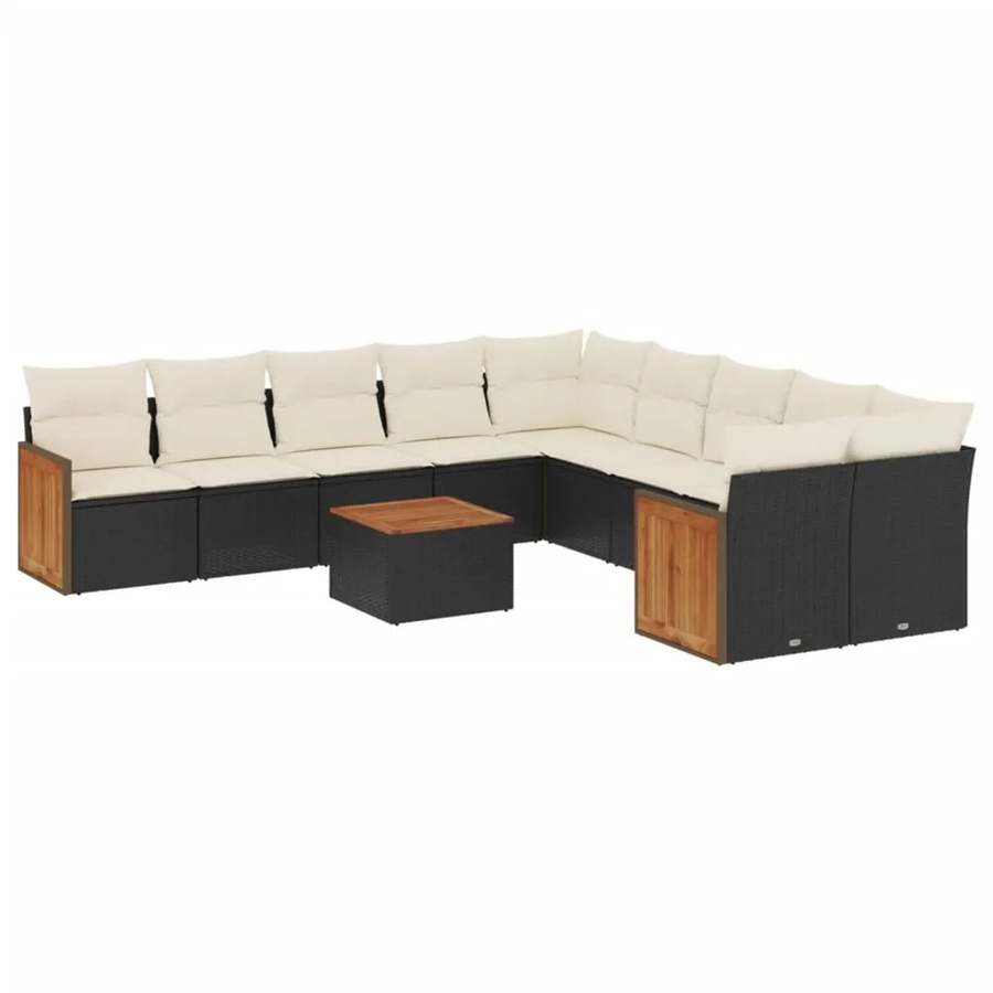 vidaXL 11-tlg Garten-Sofagarnitur in L-Form aus Polyrattan und Akazienholz mit Kissen in Schwarz - Bild 2