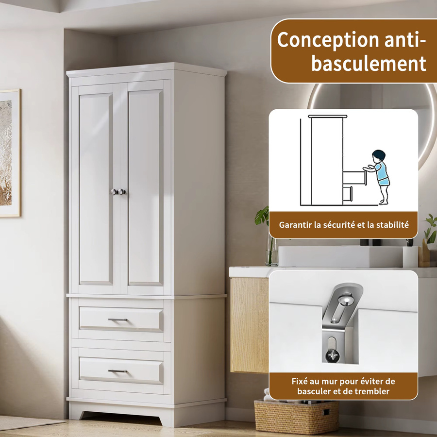 HYNHXBP Standregal-Schrank in Weiß, modernes mattes Design mit Doppeltüren, Schubladen und verstellbaren Regalen für Badezimmer, Küche oder Büro - Bild 5