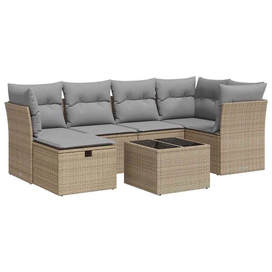 vidaXL 7-teilige Garten-Sofagarnitur in L-Form mit Kissen und Couchtisch, Beige, Poly Rattan und Metallgestell - Bild 2